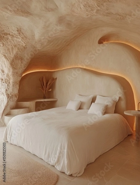 Fototapeta Interior view of a unique bedroom in a cave with natural light and minimalist design, featuring a comfortable bed and neutral color palette