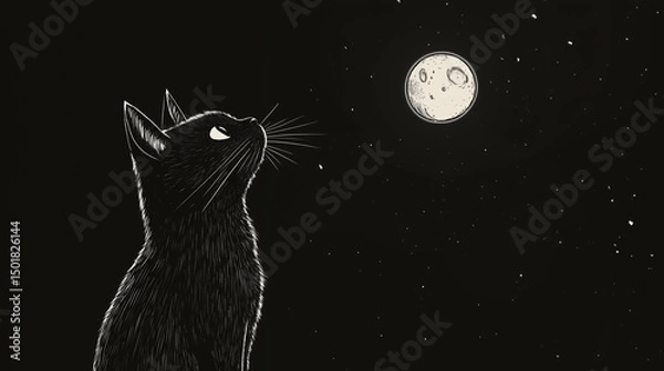 Fototapeta Illustration of a black cat gazing at the moon in a starry night sky. Mystical and poetic artwork with dark tones, evoking wonder, solitude, and curiosity.