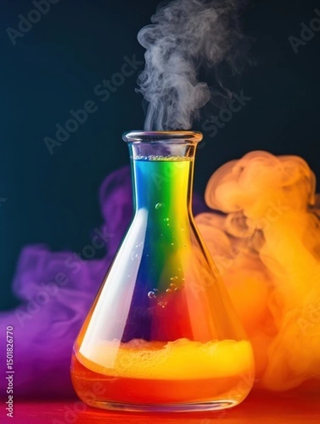 Fototapeta Colorful chemical reaction in Erlenmeyer flask with rising smoke, studio shot, science experiment with vibrant rainbow liquid