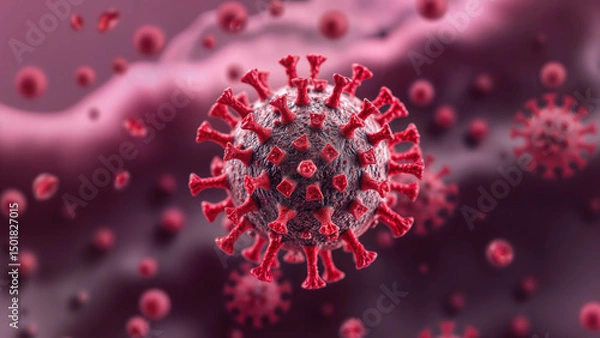 Fototapeta Microscopic view of coronavirus with red spikes under pink light