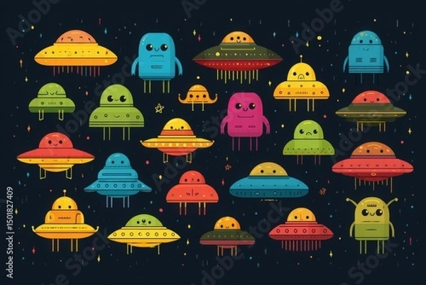 Fototapeta Colorful Aliens and UFOs in Outer Space - Fun Cartoon for Kids, AI Generated