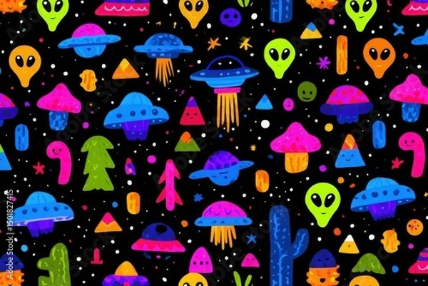 Fototapeta Colorful Aliens and UFOs in Outer Space - Fun Cartoon for Kids, AI Generated