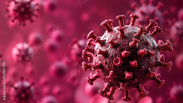 Fototapeta Close-up view of a virus with red spikes on a blurred background