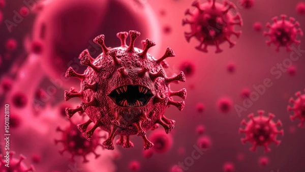 Fototapeta Close-up of red coronavirus with spikes and mouth under microscope