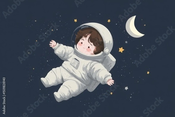 Fototapeta Little Astronaut Floating in Space - Flat Cartoon Illustration for Kids, AI Generated