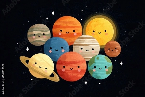 Fototapeta Solar System Map for Children, Flat Style, Cute Smiling Planets, AI Generated