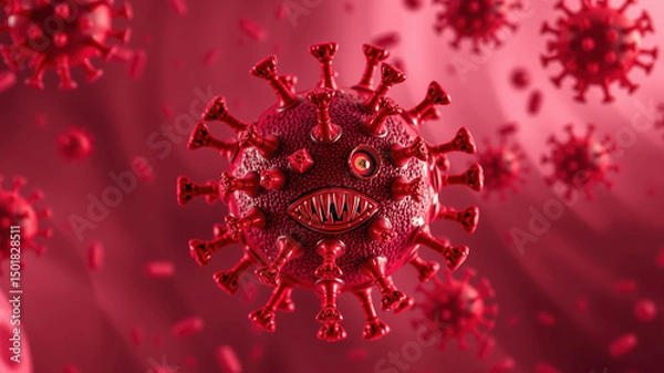 Fototapeta Cartoon red virus with grinning face in microscopic environment