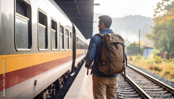 Fototapeta Journey's Beginning: A lone traveler, his back to the camera, pauses on a train platform, ready to embark on an exciting adventure.
