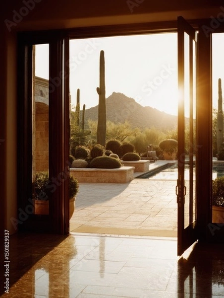 Fototapeta Desert Oasis View from Open Doors at Sunset in Arizona; Saguaro Cacti, Mountain Backdrop, Luxury Home, Warm Light