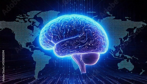 Fototapeta A glowing futuristic AI brain made of interconnected circuits and data nodes, hovering above a dark digital grid world map. Bright neon lights in blue and purple tones radiate from the brain