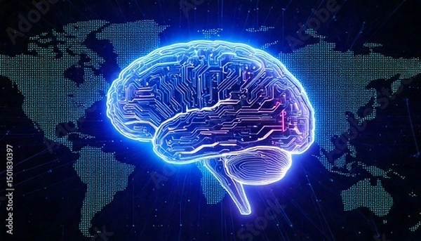 Fototapeta A glowing futuristic AI brain made of interconnected circuits and data nodes, hovering above a dark digital grid world map. Bright neon lights in blue and purple tones radiate from the brain
