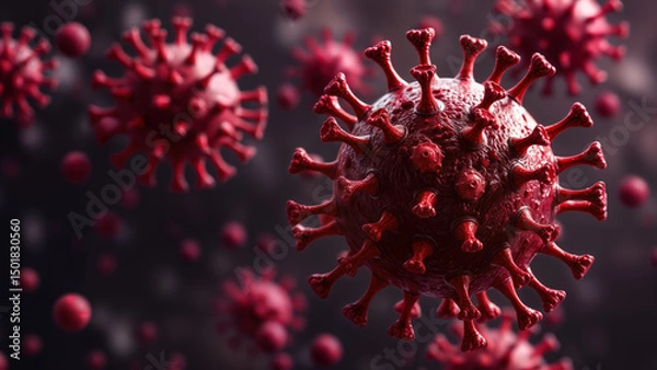Fototapeta Close-up of red virus structure with spiky protrusions on dark background