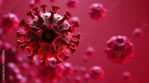 Fototapeta Close-up of red coronavirus particles on blurred background