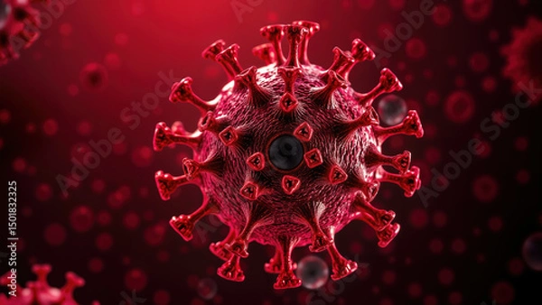 Fototapeta Close-up of red virus structure with textured surface and proteins on dark background