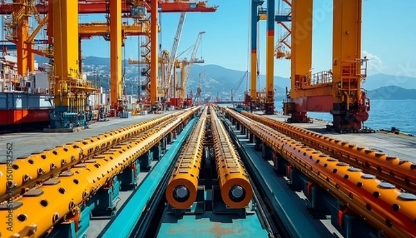 Fototapeta Port Infrastructure: Dockside Cranes and Rolling Tracks for Heavy Container Transportation