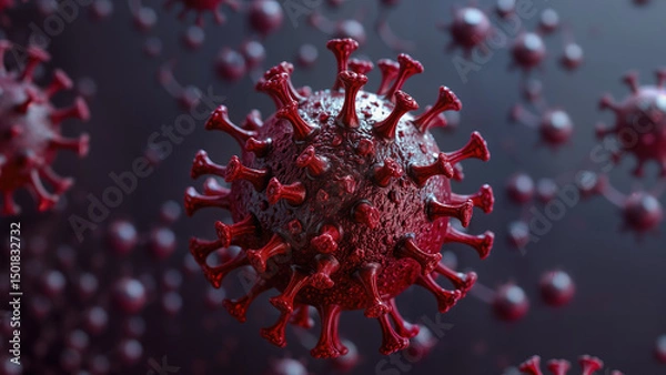 Fototapeta Close-up of red coronavirus structure with spike proteins