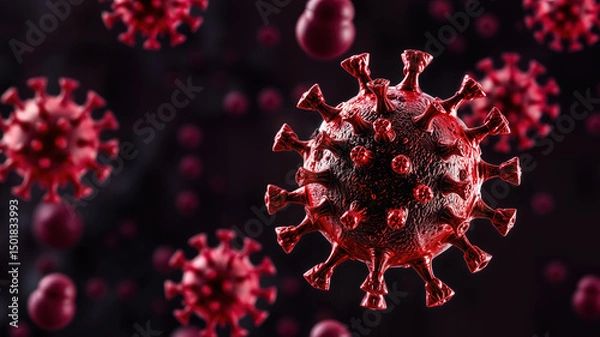 Fototapeta Close-up of red virus cells floating on dark background