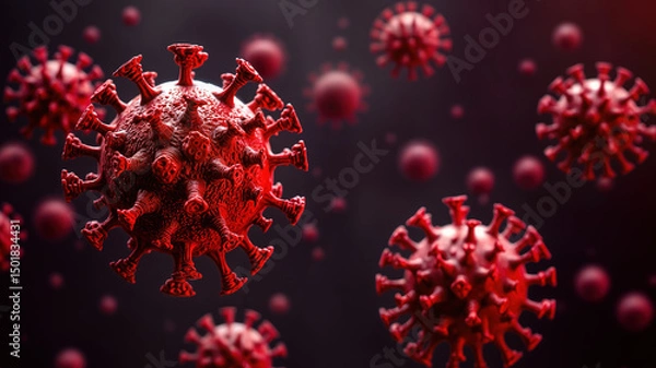 Fototapeta Close-up of red coronavirus particles with spiked protein structures