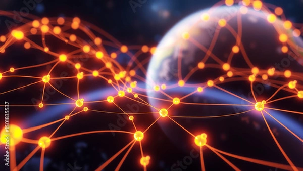 Fototapeta Futuristic digital network web with glowing nodes and global connections
