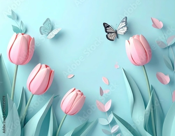 Obraz Pastel Tulips and Butterflies A Serene Paper Art Composition on Light Blue