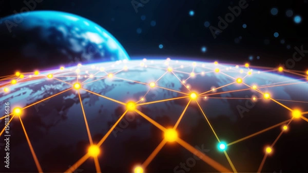 Fototapeta Global network technology connecting earth in outer space view