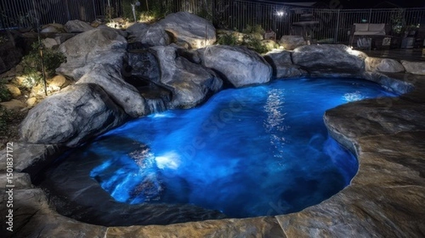 Fototapeta Illuminated pool with waterfall and rock features at night, high angle view of backyard oasis with blue water
