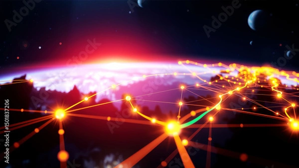 Fototapeta Futuristic network visualization over earth with glowing connections and distant planets