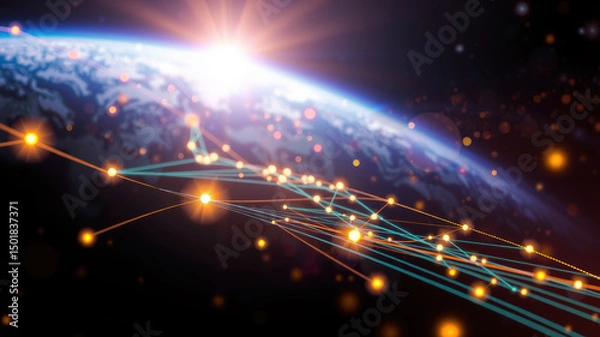 Fototapeta Global network connectivity spanning the earth's horizon with digital nodes and sunrise