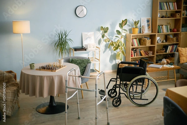 Fototapeta Spacious living room showcasing an inviting and warm atmosphere with a wheelchair and medical walkers near a table with a chessboard, enhancing accessibility