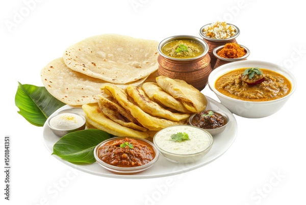 Obraz A flavorful Indian food platter with diverse dishes including roti curries and vibrant chutneys against a dark background