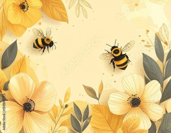 Obraz Two Bees Hovering Among Yellow Flowers and Leaves on a Creamy Background