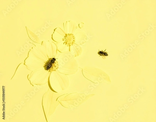 Obraz Two Bees on Yellow Flowers One in Flight Minimalist Composition