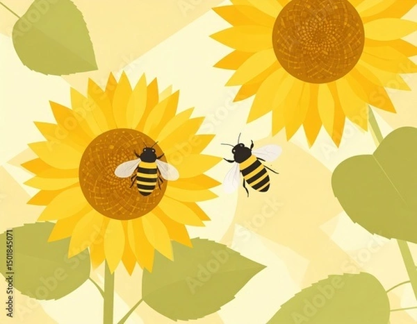 Obraz Two bees visiting bright yellow sunflowers in a light yellow background
