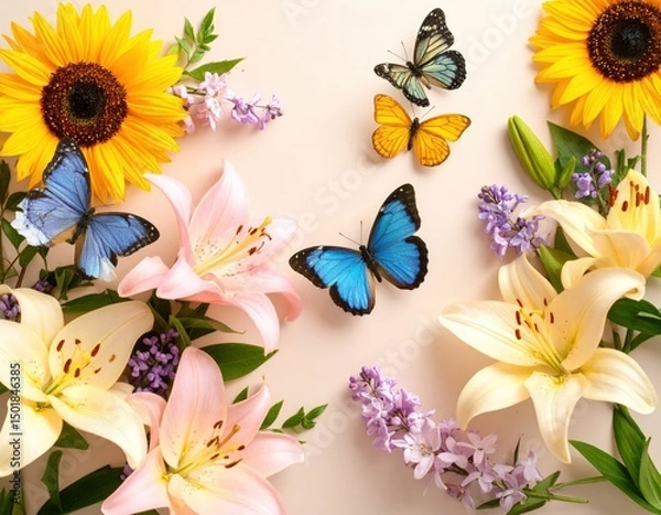 Obraz Vibrant Butterflies and Floral Arrangement Featuring Lilies and Sunflowers on Light Background