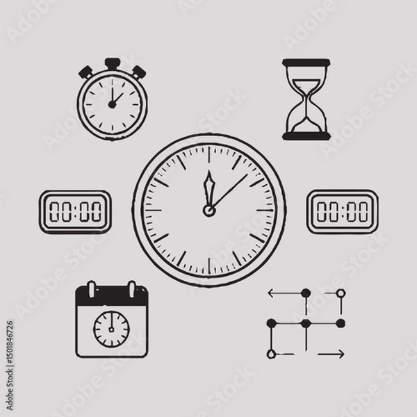 Fototapeta Time Management and Stopwatch Icon Set – Clock, Alarm and Digital Time Icons, Hourglass, Timer