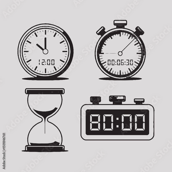 Fototapeta Time Management and Stopwatch Icon Set – Clock, Timer, Alarm and Digital Time Icons, Hourglass