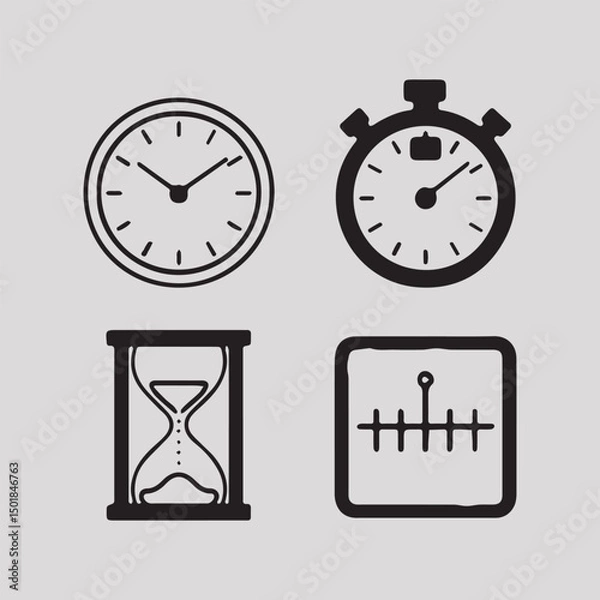 Fototapeta Time Management and Stopwatch Icon Set – Clock, Timer, Hourglass, Alarm and Digital Time Icons