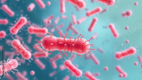 Fototapeta Microscopic view of pink bacteria with blue background in scientific illustration