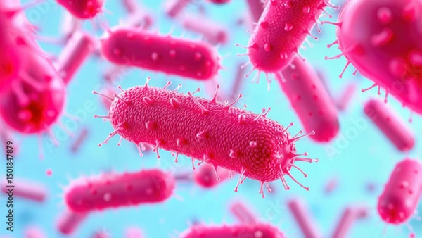 Fototapeta Microscopic view of red bacteria cells with spikes on blue background