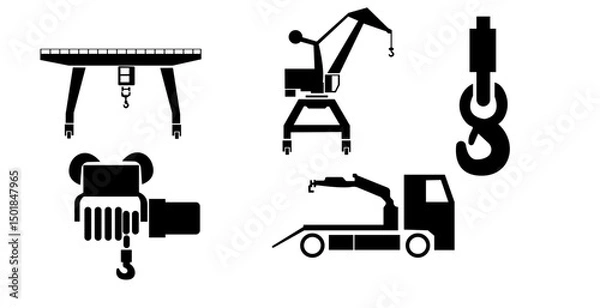 Fototapeta Different types of cranes for lifting weights, Building construction tools,Modern cranes 