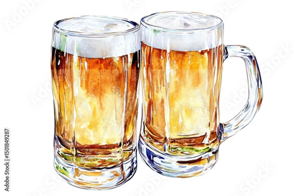 Obraz Beer Mugs Cheer Foamy Refreshment in a Watercolor Toast