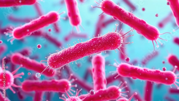 Fototapeta Microscopic view of red rod-shaped bacteria with hair-like structures on a cyan background