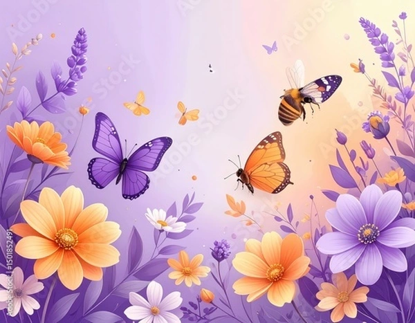Obraz Whimsical garden scene with butterflies a bee and vibrant flowers in pastel hues