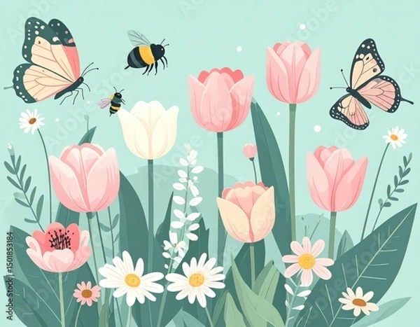 Obraz Whimsical Garden Scene with Tulips Daisies Butterflies and Bees on Light Green