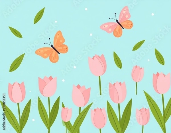 Fototapeta Whimsical spring garden with pink tulips and fluttering butterflies on a light blue background