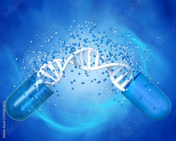 Fototapeta Medical conceptual background, opened capsule with medicine, DNA level restoration, stem cells, molecules, 3d rendering
