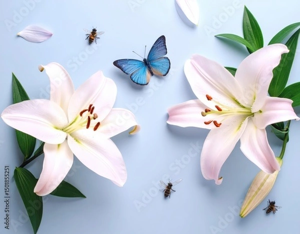 Obraz White Lilies with Blue Butterfly and Bees on Light Blue Background