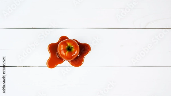 Fototapeta Fresh apple with caramel drizzled on white wooden surface