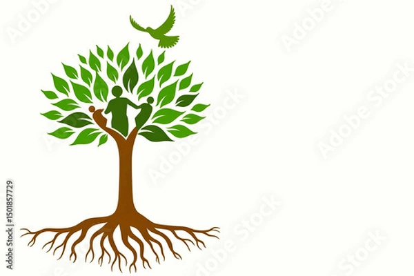 Fototapeta Family tree concept with human figures and bird in green leaf design