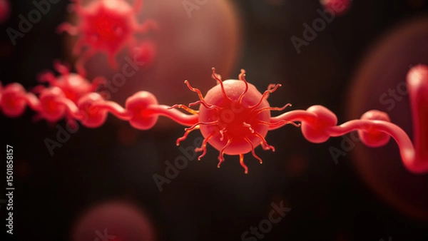 Fototapeta Red virus cells and strands under microscope in dark background